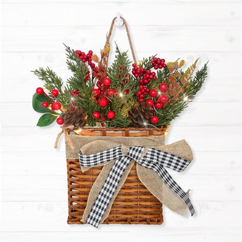 PRICES MAY VARY. 【Basket Style Wreath】Christmas door wreath 19*19*3cm (7.4''*7.4''*1.1'') modern and beautiful, unlike other wreaths, it adopts a hanging basket design and is perfectly decorated with realistic leaves and flowers Your front door. Greet your family and friends with this front door wreath and make your home look welcoming. Add charm to your front door, foyer, or bring it indoors to create a different Christmas basket. Add a pop of color to your exterior and interior decor. 【Winter Country Christmas Wreaths Rustic, Front Door Flower Basket, Christmas Decoration Front Door, Xmas Wreaths For Front Door, Christmas Door Basket, Winter Wreaths For Front Door, Winter Hanging Baskets, Christmas Floral Decor, Hanger Basket