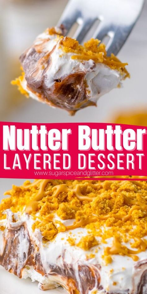 The ultimate in indulgence for a peanut butter and chocolate dessert fan, today's Nutter Butter Dessert Lasagna is a layered dessert packed with plenty of peanut butter chocolate flavor - ready in less than 15 minutes! Nutter Butter Lasagna, Nutter Butter Lasagna Desserts, Layer Pudding Dessert, Nutter Butter Dessert, Nutty Desserts, Pudding Desserts Layered, Crunchy Peanut Butter Cookies, Peanut Butter Lasagna, Dessert Lasagna