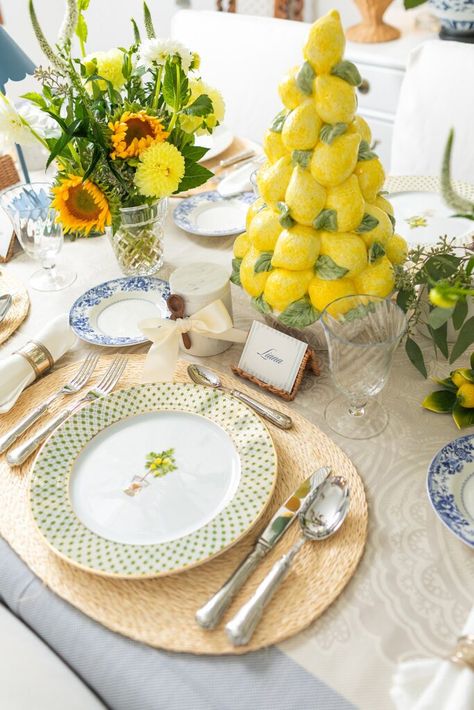 A lemon blue and white tablescape party - Italian Amalfi Coast. See how I set the table and hung faux lemon branches off the chandelier! White Tablescape, Italian Dinner Party, All About Italy, Party Tablescapes, Italian Dinner, Study Photos, Countries In The World, Tabletop Accessories, Entertaining Recipes