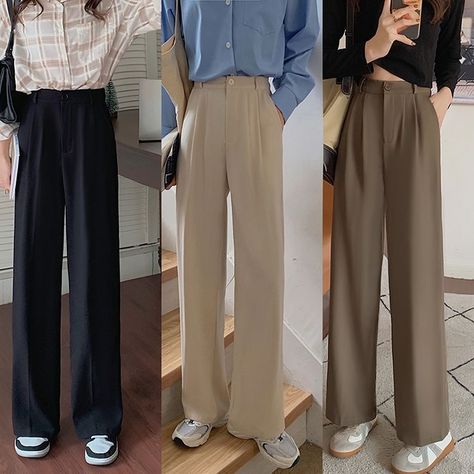 Moon City Straight Leg Dress Pants | YesStyle Moon City, Korean Pants, Straight Leg Dress Pants, High Waisted Dress Pants, Work Pants Women, City Outfits, Plain Dress, Easy Trendy Outfits, Loose Pants