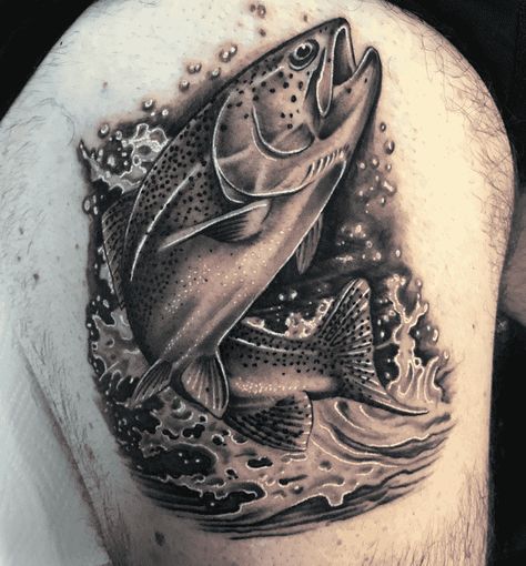 Salmon Fish Tattoo Design Images (Salmon Fish Ink Design Ideas) Fish And Mountain Tattoo, Trout Fishing Tattoo, Eagle With Fish Tattoo, Realistic Fish Tattoo, Salmon Tattoo Design, Salmon Fish Tattoo, Trout Fish Tattoo, Trout Tattoo Design, Fly Fishing Tattoos