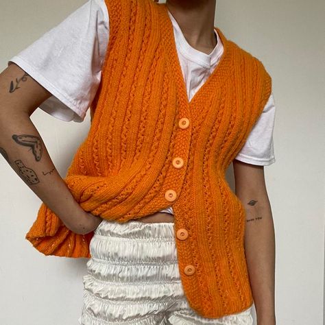 Orange Knit Sweater, Vest Knit, Orange Knit, Knit Sweater Vest, Vintage Orange, Sweater Vest, Chunky Knit, Knit Sweater, Knitted Sweaters