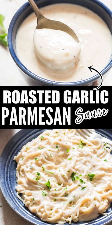 Outrageously delicious garlic Parmesan sauce has wonderful rich flavors from roasted garlic and Parmesan cheese. Toss with pasta, roasted veggies, as dipping sauce or pizza sauce. #garlicParmesansauce #cheesesauce #roastedgarlic #Parmesan #forwings #pasta #pastasauce #whitesauce #creamy #easy #forfries #steaksauce #easyrecipe #homemadesauce Parmesan White Sauce, Parmesan Sauce Recipe, Creamy Sauces, Garlic Parmesan Sauce, Creamy Pasta Sauce, Homemade Sauce Recipes, Parmesan Sauce, Parmesan Pasta, Garlic Pasta