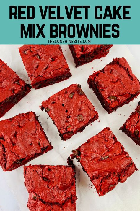 Red velvet cake mix brownies are made easy with cake mix! They're the perfect balance between red velvet flavors and a regular brownie. Cake Mix Red Velvet Brownies, Easy Red Velvet Brownies, Red Velvet Brownies From Box Cake Mixes, Red Velvet Cake Mix Recipes, Brownies With Chocolate Chips, Red Velvet Brownies Recipe, Easy Red Velvet Cake, Velvet Recipes, Easy Brownie Recipe