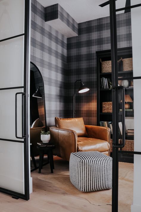 Wallpaper Sitting Room, Basement Home Office, Masculine Home Office, Nesting With Grace, Basement Inspiration, Study Decor, Plaid Wallpaper, Plaid Decor, In Laws