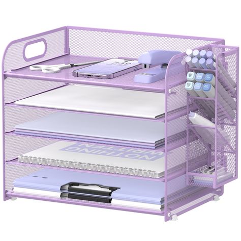 PRICES MAY VARY. [5 Tier Large Capacity] Upgraded SUPEASY purple desk organizer is 4+1 tier paper tray organizer. This paper organizer has 4 detachable trays which is perfect for holding letters, A4 paper, books, bills, magazines, mails, folders, notebooks and so on. The desk organizers can fully take advantage of your vertical space and keep your desktop clear and tidy. [Pen Holders & 2 Handles] This 5 tier file folder organizer owns extra pen holder (can be hung on each side or use separately) Purple Desk Lamp, Cute Tables For Bedrooms, Purple Desk Decor, Lavender Kitchen Accessories, Bright Color Room Decor, School Book Organization, Stuff For Room Decor, Stuff For Bedrooms, College Desk Organization