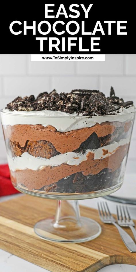 This easy chocolate trifle recipe is quick to make and beautiful to look at! Layers of brownies, instant chocolate pudding, Cool Whip, and Oreos make this the perfect dessert we all need for special occasions and holidays! Easy Chocolate Trifle, Chocolate Brownie Trifle, Chocolate Trifle Recipe, Chocolate Trifle Desserts, Brownie Trifle Recipe, Chocolate Layer Dessert, To Simply Inspire, Trifle Dessert Recipes, Brownie Trifle