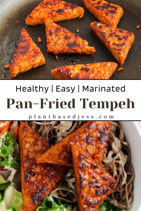 View on a few pieces of marinated pan fried tempeh in a pan. Tempe Recipes Healthy, Asian Tempeh Recipes, Quick Tempeh Recipes, Tempeh Stir Fry Recipes, Marinated Tempeh Recipes, Crispy Tempeh Recipes, Tempeh Recipes Easy, Best Tempeh Recipes, Tempeh Sandwich Recipes