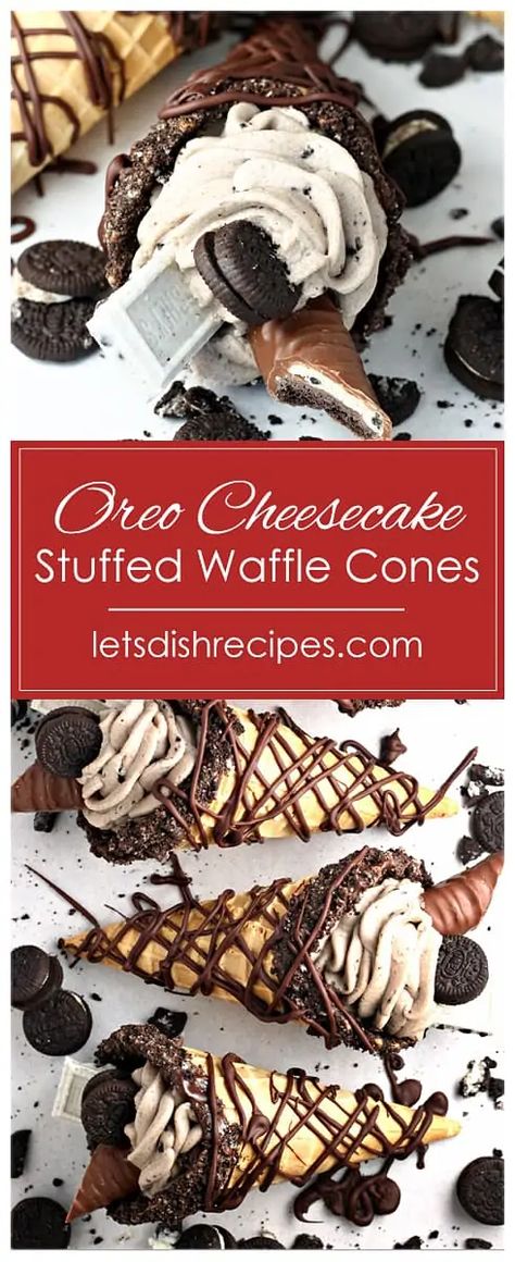 Oreo Cheesecake Stuffed Waffle Cones — Let's Dish Recipes Ice Cream Cone Filling Ideas, S’more Waffle Cones, Desserts With Ice Cream Cones, Waffle Cheesecake Cones, Cheesecake In A Cone, Waffle Cone Filling Ideas, Loaded Waffles Dessert, Waffle Cone Mix Recipe, No Bake Cheesecake Cones