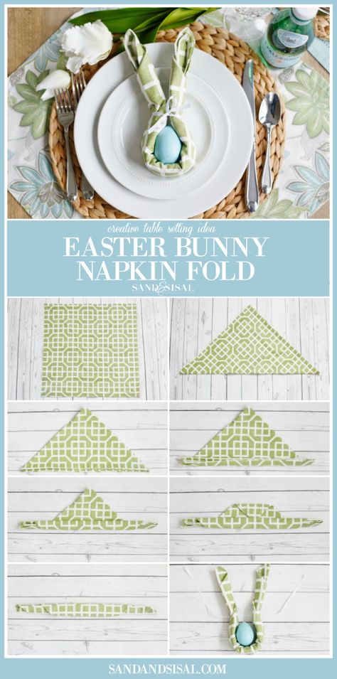 Easter Bunny Napkin Fold - Sand and Sisal Bunny Napkin Fold, Easter Brunch Decorations, Easter Brunch Tablescape, Diy Easter Bunny, Easter Table Centerpieces, Diy Osterschmuck, Easter Dinner Table, Simple Table Settings, Easter Table Runners