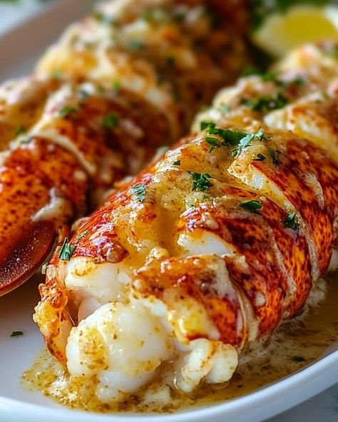 🦞 Creamy Garlic Butter Lobster Tails 🦞 "Indulge in this luxurious, buttery lobster dish with rich garlic cream sauce. Perfect for special dinners or when you want to treat yourself!" 🍯 Ingredients 🍯 - 4 lobster tails, split in half lengthwise - 1/4 cup unsalted butter - 4 cloves garlic, minced - 1/2 cup heavy cream - 1/4 cup grated Parmesan cheese - 1 tablespoon fresh parsley, chopped (for garnish) - Juice of 1/2 lemon - Salt and freshly ground black pepper to taste - Lemon wedges... Creamy Garlic Lobster Tails, Creamy Garlic Butter Lobster Tails, Garlic Butter Lobster Tails, Couples Dinner Ideas, Food Recipes Seafood, Luxury Meals, Creamy Garlic Butter Sauce, Steak And Lobster Dinner, Garlic Butter Lobster