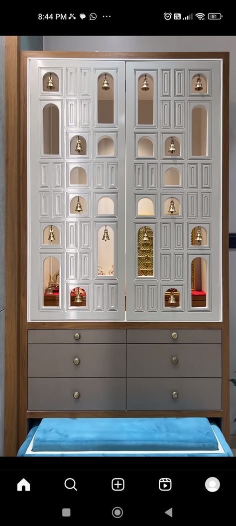 Pelmet Designs For Ac, Trending Mandir Designs, Mandir Living Room, Pooja Area Design Living Rooms, Mandir Room Door Design, Puja Door Cnc Design, Madir Door Designs, Mandir Unit Design Modern, Pooja Room With Door