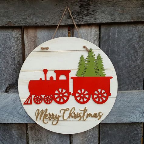 Train Wreath, Country Christmas Decor, 3d Ornaments, Interchangeable Sign, Glowforge Ideas, Christmas Plaques, Easy Christmas Wreaths, Wooden Santa, Country Christmas Decorations