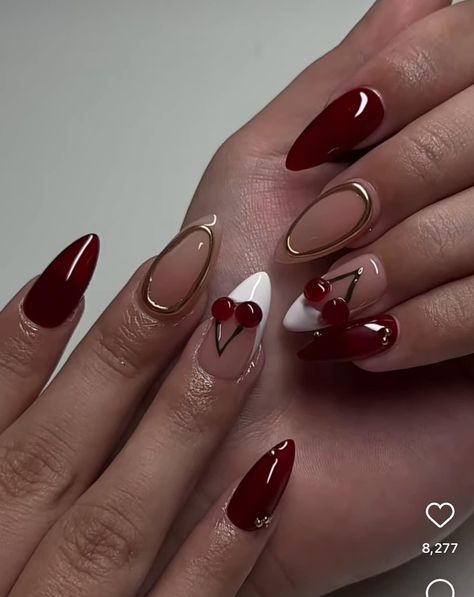 Simple Nail Designs Short Nails Fall Colors, Almond Nails Cherry Design, Burgundy Almond Nails Short, Burgundy Nail Designs Almond, Almond Nails Red Design, Burgundy Almond Nails Design, Burgundy Nails Almond, Red Nail Designs Almond, Burgundy Tip Nails