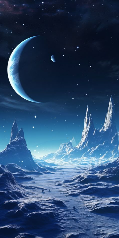 Sci Fi Ice Planet, Galaxy World Art, Ice World Fantasy Art, Ice Mountain Wallpaper, Fantasy Ice Landscape, Fantasy World Art Dreams, Ice Wallpaper Aesthetic, Space Opera Aesthetic, Ice Magic Art