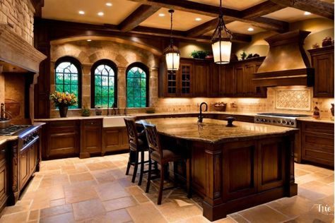 Luxurious kitchen with wood cabinets, large island, stone tile flooring, and arched windows. Tuscan Apartment Decor, Italian Style Kitchen Tuscany, 2000s Tuscan Kitchen, Tuscan House Interior Design, 2000s Tuscan Home, Modern Tuscan Home Interiors, Tuscan House 2000s, Kitchen Interior Rustic, Small Tuscan House