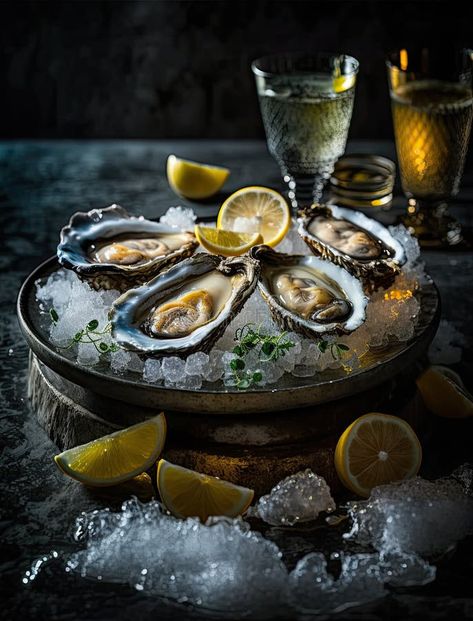 Oysters on a plate with ice and lemon slices royalty free stock images Oysters Food Photography, Seafood Platter Aesthetic, Oysters Photography, Oyster Photography, Oysters Aesthetic, Oyster Party, Inspo Collage, Dream Woman, Glasses Of Water