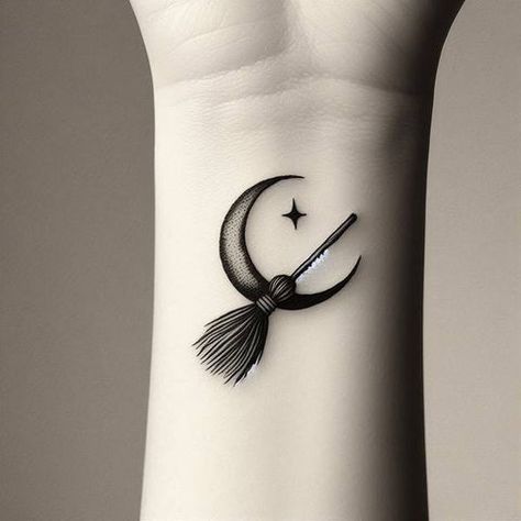 Cute Witchy Tattoos Small, Witchy Hat Tattoo, Tattoo Ideas For Witches, Mother Daughter Witch Tattoo, Witch Hat Tattoo Small, Coven Tattoos Witches, Witch Silhouette Tattoo, Witch Tatoos Ideas, Subtle Witch Tattoo