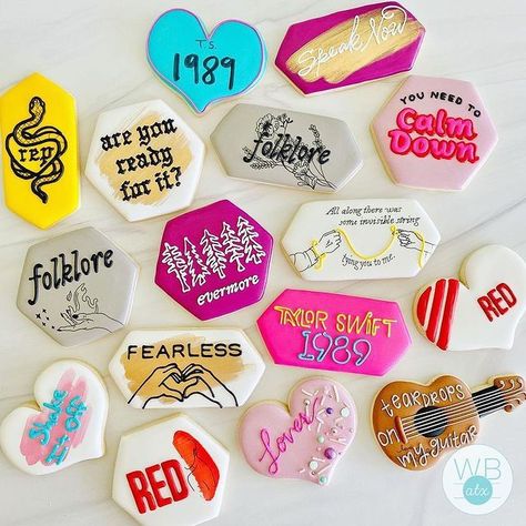 Taylor Swift inspired cookies, album covers, guitar shaped cookies {Westlake Bakes - Kristen} Taylor Swift Baking Recipes, Taylor Swift Inspired Dessert, Taylor Swift 1989 Cookies, 1989 Cookies Taylor Swift, Speak Now Taylor Swift Cookies, Taylor Swift Cookies Eras, Taylor Swift Midnights Cookies, Taylor Swift Eras Cookies Decorated, Taylor Swift Cakesicles