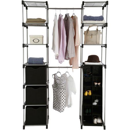 Mainstays™ Closet Organizer, 2-Tower 9-Shelves, Easy to Assemble, Black Image 3 of 5 Double Hanging Closet, Front Hall Closet, Closet Shelf Organization, Portable Closet, Hanging Closet Organizer, Shoe Storage Shelf, Hall Closet, Hanging Closet, Closet Shelves