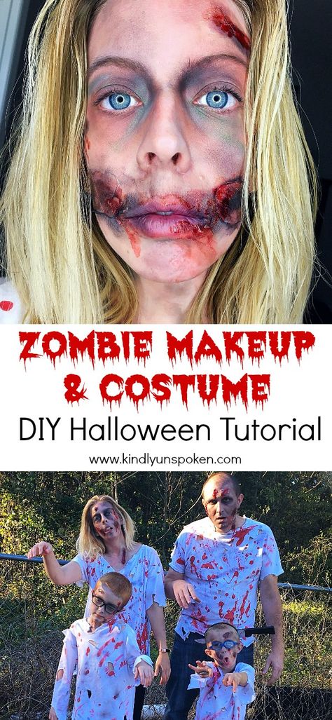 Looking for an awesome last minute DIY halloween costume idea? Check out this easy zombie makeup and zombie costume tutorial where I show you step-by-step how to dress up the whole family like zombies! #halloween #halloweenmakeup #halloweencostume #zombie Diy Zombie Costume, Zombie Costume Ideas, Maquillage Halloween Zombie, Zombie Makeup Diy, Zombie Make Up, Zombie Costumes, Zombie Makeup Tutorials, Diy Fantasia, Zombie Halloween Costumes