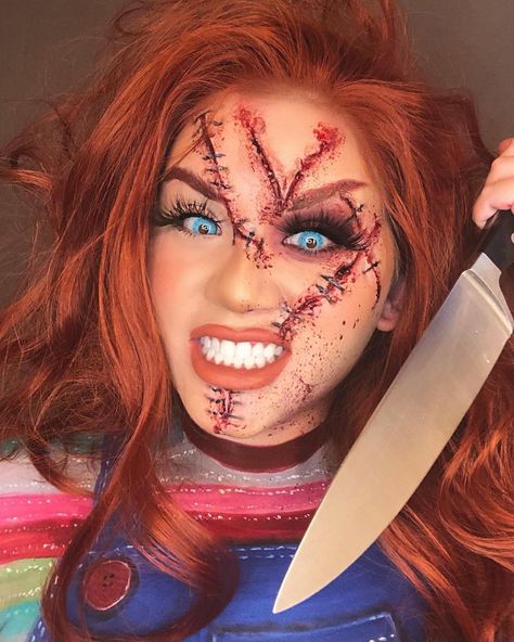 Chucky Doll Costume, Chucky Halloween Costume, Chucky Makeup, Teal Makeup, Chucky Costume, Chucky Halloween, Glam Eye Makeup, Classy Halloween Costumes, Cute Halloween Makeup