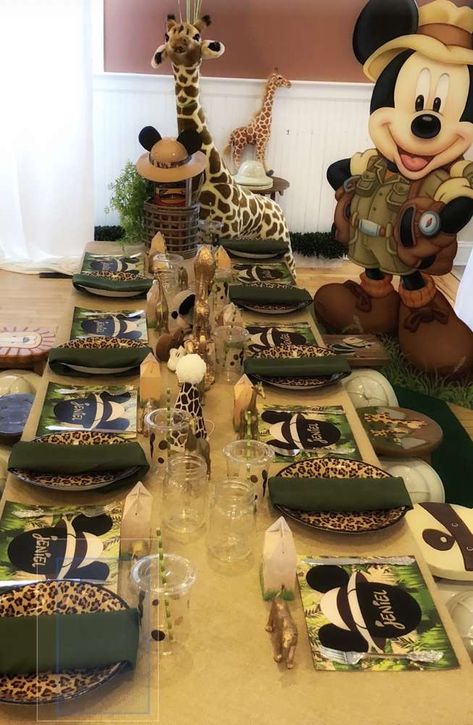 Mickey Mouse Safari Birthday Party Ideas | Photo 23 of 23 | Catch My Party Mickey Mouse Safari Birthday, Safari Birthday Party Ideas, Safari Theme Birthday Party, Safari Birthday Party Decorations, Jungle Theme Birthday Party, Jungle Thema, Mickey Mouse First Birthday, Jungle Safari Birthday, Mickey Birthday Party