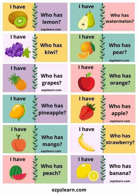 Fruit Bingo Free Printable, Fruit Games For Kids, I Have Who Has, I Have Who Has Games Free, English Speaking Game, Food Games For Kids, Fruit Games, Food Worksheet, English Games For Kids