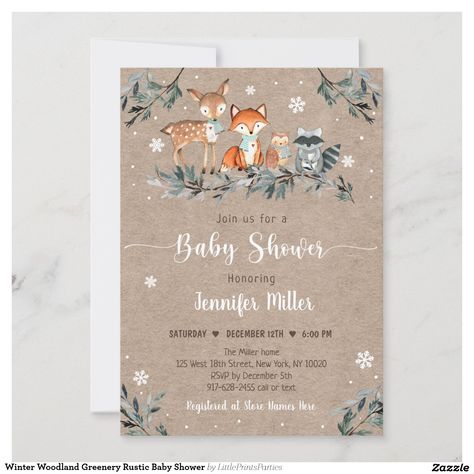 This adorable invitation features woodland animals in the snow with a greenery pine border. Virtual Baby Shower Invitation, Forest Baby Showers, Rustic Baby Shower Invitations, Snowflake Baby Shower, Girl Woodland, Winter Greenery, Gender Neutral Baby Shower Invitations, Coed Baby Shower, Twins Baby