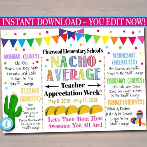 Staff Break Room, Nacho Average Teacher, Week Schedule, Fiesta Theme, Chalkboard Background, Invitation Text, Staff Appreciation, Nurses Week, Printable Banner