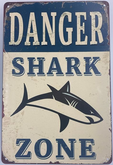 Amazon.com: Tin Sign Bar Plaque | Metal Wall Decor Poster | Danger Shark Zone 8 x 12 in. | Classic Decorative Sign for Home Kitchen Bar Room Garage Decor | Warning Blue : Home & Kitchen Poster For My Room, Ocean Ideas Decoration, Poster Diy Ideas Wall Art, Posters For Room Blue, Blue Room Wall Decor, Shark Home Decor, Shark Room Ideas, Stuff To Put On Your Wall, Blue Room Posters