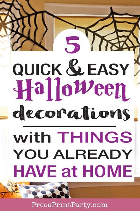 5 QUICK & EASY HALLOWEEN DECORATIONS. DIY Halloween decor ideas for a party, or just to decorate the house. Works for indoor or outdoor on the porch - Cheap & spooky. Some more scary, some cute. Great for kids. With mason jars, how to make spider webs with trash bags, ghosts with cheesecloth, free printable bat garland. Free printable Pacman garland. Home decor by Press Print Party! #halloween #halloweendecor Halloween Decorations Diy Indoor, Cute Halloween Tattoos, Printable Halloween Decorations, Halloween Decorations Diy, Scary Halloween Decorations Diy, Cheap Halloween Decorations, Spider Web Decoration, Easy Diy Halloween Decorations, Easy Halloween Decorations