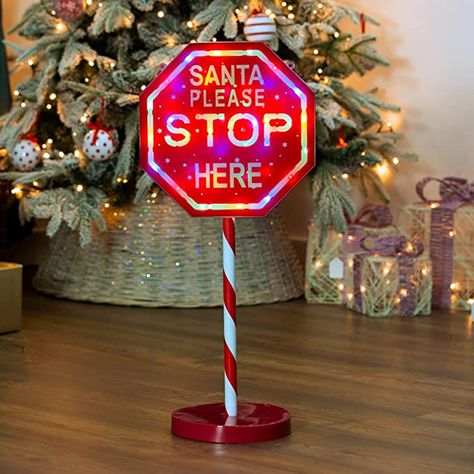 Santa Please Stop Here Sign, Christmas Hotel, Santa Stop Here Sign, Christmas Red And White, Christmas Workshop, Festive Decoration, Light Up Signs, Please Stop, Hotel Decor