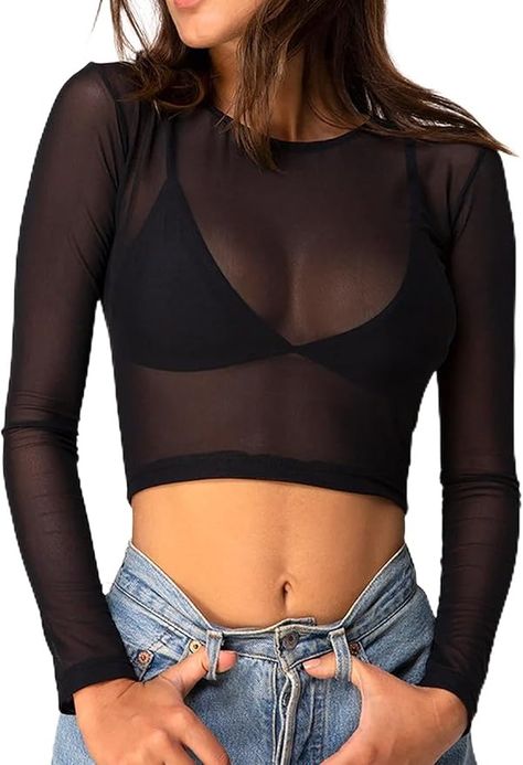 ADOME Mesh Crop Top Sheer Tops for Women See Through Shirt Long Sleeve Sheer Crop Top Black M at Amazon Women’s Clothing store Sheer Tops For Women, Sza Tour, Boss Fashion, Basic Crop Top, Z Nation, Sheer Tops, Sheer Crop Top, Mesh Crop Top, Oc Inspo