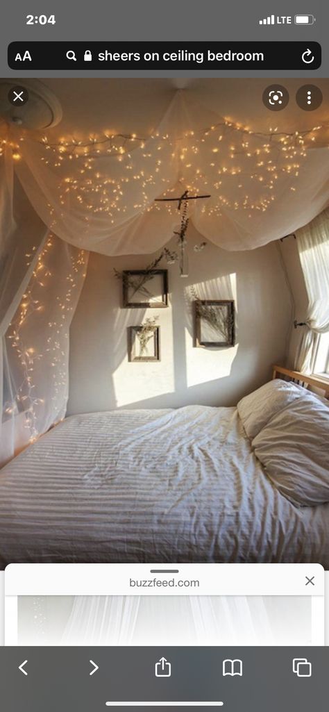 Curtain Ceiling Draping Bedroom, Curtains Hanging From Ceiling Over Bed, Hanging Canopy From Ceiling, Drapes Above Bed, Fairy Lights Bedroom Ceiling, Bedroom Twinkle Lights, Twinkle Lights Bedroom, High Ceiling Bedroom, Fairycore Bedroom