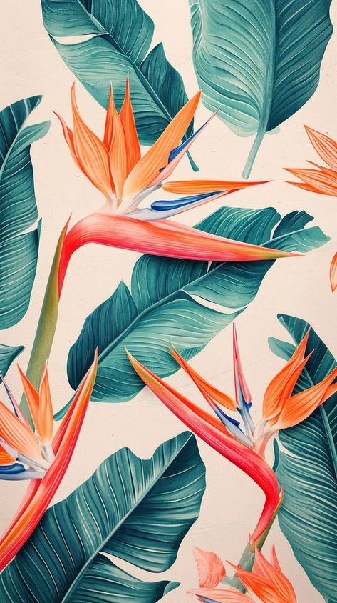 Bird Of Paradise Drawing, Bird Of Paradise Wallpaper, Bird Of Paradise Illustration, Tropical Print Wallpaper, Palm Print Wallpaper, Colorful Fabric Patterns, Tropical Prints Pattern, Mural Tropical, Toucan Art