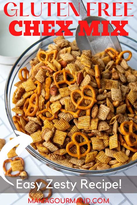 Gluten Free Chex Mix recipe takes the original party mix and transforms it into a bold and zesty snack perfect for the holidays, homemade gifts, or entertaining. Make this easy, savory mix in the oven, microwave, or in the slow cooker! #glutenfree #chexmix #original #savory #snackmix #recipe Gluten Free Chex Mix Recipes, Salty Chex Mix, Chex Mix Original, Gluten Free Chex, Chex Mix Recipes Original, Chex Recipes, Original Chex, Homemade Chex Mix, Chex Mix Recipe