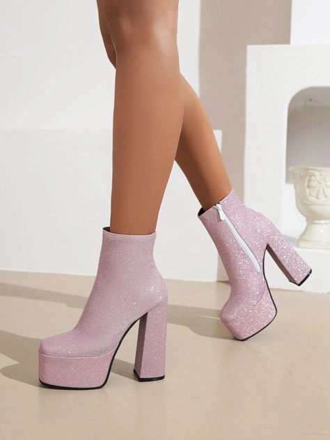 Pink Heeled Party Boots, Sparkling Pink Party Boots, Sparkly Pink Boots, Trendy Pink High Heel Platform Boots, Girly Shoes Boots, Classy Boots, Bratz Boots, Pink Glitter High Heel Boots, Pink Ankle-high Platform Boots For Party