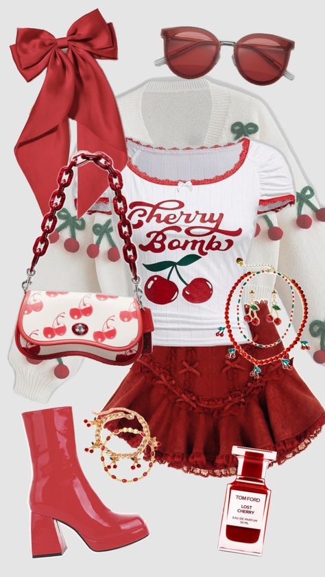 Outfit Inspo! #outfitinspo #outfit #outfitideas #y2k #preppy #coquette #school #cutefit #streetwear #fashion #fashioninspo #aesthetic #aestheticgirl #red #redaesthetic #white #cherry #trendy #fyp Coquette School, Y2k Outfits Aesthetic, Preppy Coquette, Y2k Preppy, Fashion Top Outfits, Kpop Fashion Outfits, Cute Simple Outfits, Really Cute Outfits, Teenage Fashion Outfits