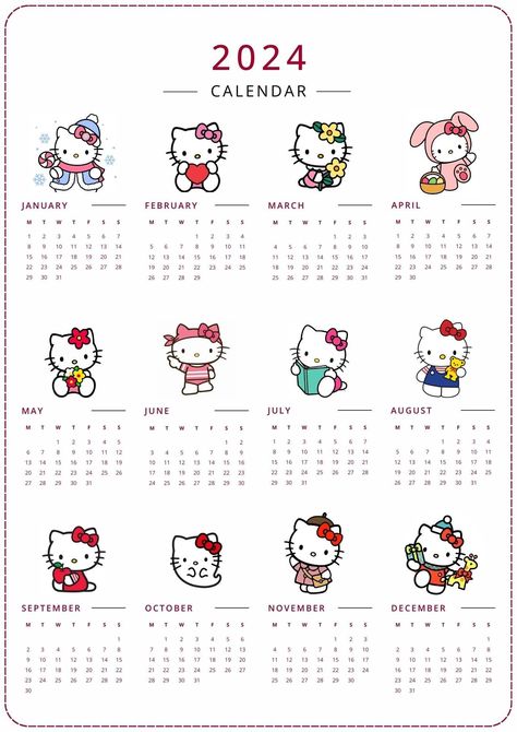 2024 Kitty Printable A3 Yearly Calendar - Ets Macbook Widgets, Hello Kitty Imagenes, Images Hello Kitty, Hello Kitty Printables, Walpaper Hello Kitty, Hello Kitty Crafts, Charmmy Kitty, Hello Kitty Images, Cute Calendar