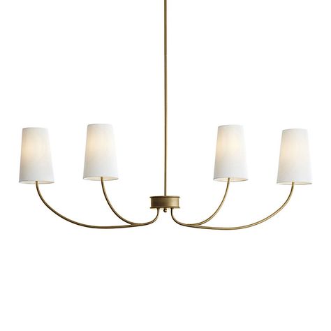 Feminine lines in a slender linear silhouette perfect for hanging above a rectangular dining table, banquette or grand kitchen island. Our Lottie Linear Chandelier is hand finished in antique brass and crowned in your choice of Tall White or Tall Black linen shades. Lottie Linear Chandelier features:  4 lights. Made of steel. Clear cord. Uno-Fit Shade. Three 12" extension rods & one 6".