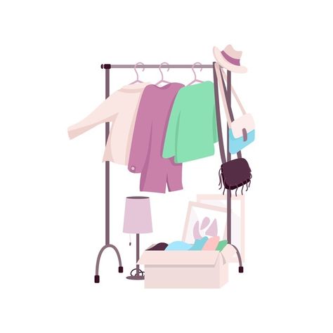 Clothes rack flat color object. womens w... | Premium Vector #Freepik #vector #hand #cartoon #clothes #bag Clothing Rack Illustration, Cartoon Clothing, Illustration Clothes, Pre Loved Clothes Logo Design, Wardrobe Illustration, Pre Loved Clothes Logo, Pre Loved Clothes, Cartoon Clothes, Closet Sale