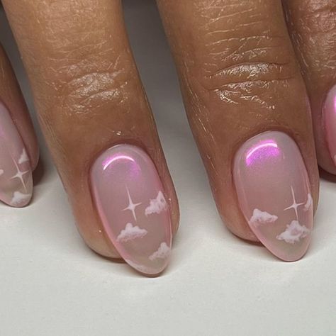 Moon Nails Design Short, Nub Nail Designs, Iridescent Star Nails, Ferenc Nail, Minimalist Nails Stars, Pink Celestial Nails, Girly Pop Nails, Moon Nails Short, Irredecent Nail Designs