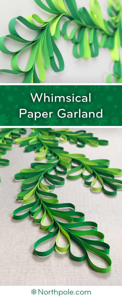 Whimsical Paper Garland • Northpole.com Craft Cottage Diy Garland For Classroom, Christmas Light Paper Garland, Christmas Diy Construction Paper, Wrapping Paper Garland, Paper Craft Garland, Paper Garland Decor, Paper Holiday Crafts, Holiday Paper Garland, Construction Paper Garland Christmas