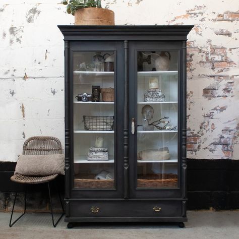 Rustic Cabinet with Glass Doors Tall Rustic Wood Vitrina | Etsy Mid Century Cabinets, Antique Farmhouse Kitchen, Vintage Display Cabinet, Kitchen Larder Cupboard, Black Display Cabinet, Painted Display Cabinet, Wooden Display Cabinets, Farmhouse Storage Cabinets, Cabinet With Glass Doors