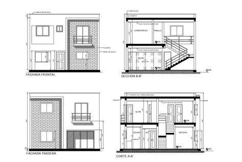 2 storey house with elevation and section in AutoCAD drawing which provides detail of front elevation, back elevation, section details, detail of doors and windows, etc.. House Section, Two Storey House Plans, Two Story House Design, Narrow Lot House, Flat Roof House, 2 Storey House Design, Narrow Lot House Plans, House Outer Design, 2 Storey House