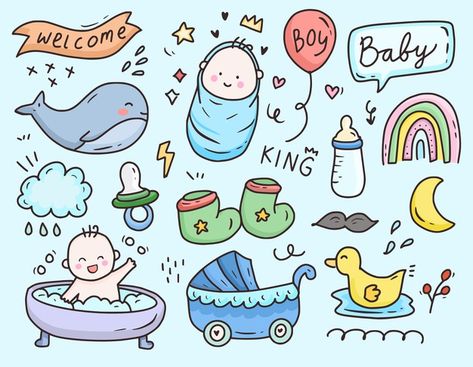 Baby Shower Drawing Ideas, Baby Doodles Drawing, Shower Doodle, Baby Graphic Design, Baby Boy Drawing, Baby Doodles, Baby Doodle, Nursery Drawings, Doodle Baby