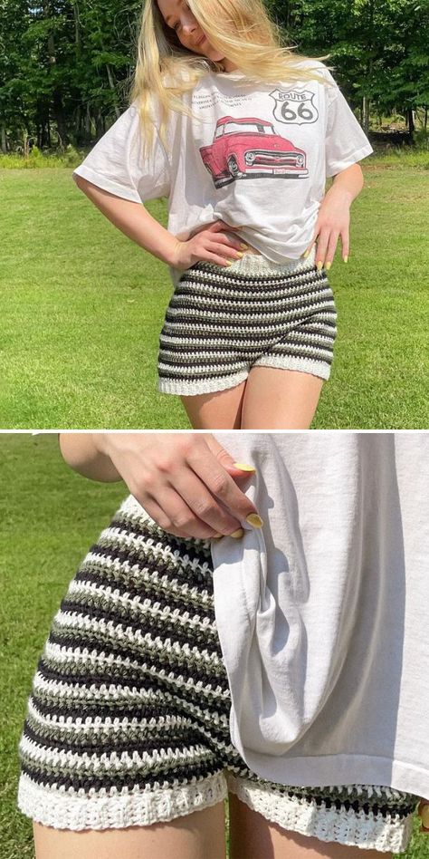 Crochet Striped Shorts Free Pattern Crochet Shorts Pattern, Skirt Pattern Free, Crochet Skirt Pattern, Crochet Bottoms, Mode Crochet, Crochet Short, Crochet Design Pattern, Crochet Clothes For Women, Crochet Summer Tops