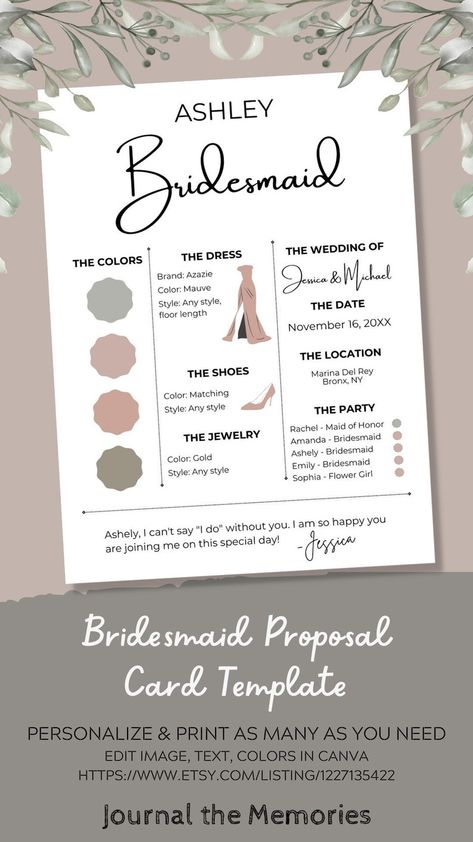 Canva Infographic, Bridesmaid Question, Bridesmaid Info Card, Bridesmaid Diy, Dress Code Wedding, Bridesmaid Colors, Wedding Info, Bridesmaid Proposal Cards, Bridesmaid Box