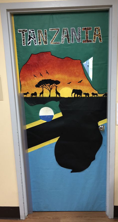 Africa Classroom Door Africa Door Decoration, Safari Theme Classroom, Missions Conference, Classroom Display Boards, Multicultural Art, Class Door, Preschool Classroom Decor, Summer Decorations, Cruise Door